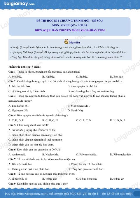 Đề thi học kì 1 Sinh 10 Chân trời sáng tạo - Đề số 3